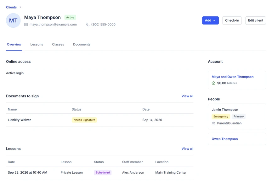 PopCal client profile showing contact details, documents, lessons, and linked family account information.