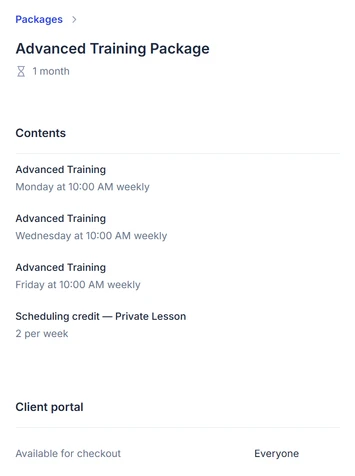 PopCal package type screen showing duration, included classes, lesson credits, and checkout availability.