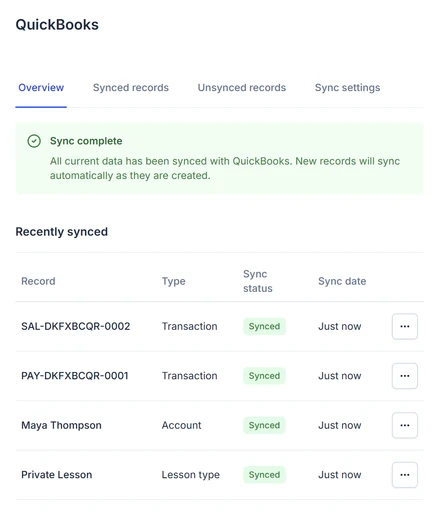 PopCal QuickBooks sync status screen showing recent sync activity and details.